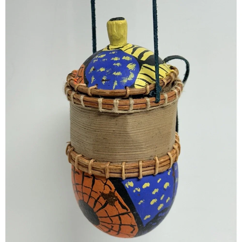 Hand‎ Painted Folk Art Gourd Basket Container Signed CS Southwestern